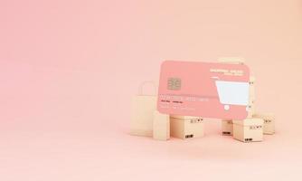 Close up of shopping online design on credit card, levitating template mockup Bank credit card with online service isolated on pink background, digital coin, wallet, copy space 3d rendering photo