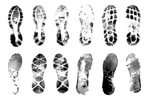 Footprints human shoes silhouette, vector set.