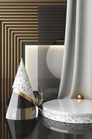 Minimal abstract geometric background with direct sunlight in shades of green and yellow. Showcase scene with empty podium for product presentation 3d rendering photo