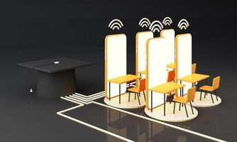 E-learning concept with laptop and wi-fi symbol surrounded by Graduate cap, open books, balloon, Ruler,statistical graph, pencil and magnifying glass on blue and yellow color tone 3d render photo