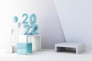 Minimal cosmetic 2022 background for product presentation. with stone and wood rock arc geometric form and podium on gray color concrete wall background. 3d render illustration. photo