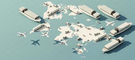 the Earth world map surrounded by cardboard boxes, a cargo container ship, a flying plane, a car, a van and a truck with gps location on blue background 3D rendering isometric view photo