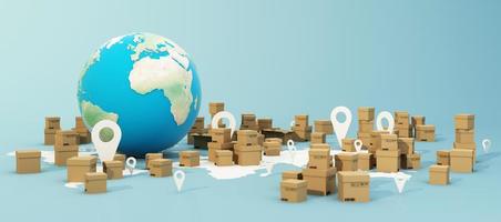 the Earth world map surrounded by cardboard boxes, a cargo container ship, a flying plane, a car, a van and a truck with gps location on blue background 3D rendering isometric view