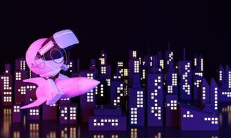 astronaut robot Riding a rocket in virtual world environments tall buildings Metaverse technology future concept. VR virtual digital reality cyber simulation Innovation connection. realistic 3d render photo