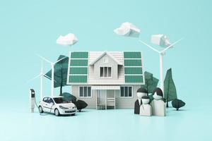 Clean energy concept on World Environment Day or International Day. White house on the roof with solar cells In a natural forest surrounded by trees and windmills and electric EV cars 3d rendering. photo