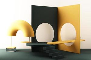 Minimal abstract geometric background with direct sunlight in shades of green and yellow. Showcase scene with empty podium for product presentation 3d rendering photo