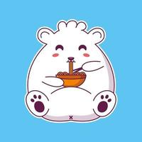 Cute happy funny white bear eat noodle vector