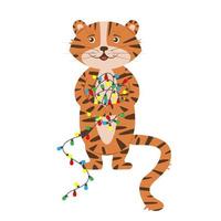 Cute tiger character with colorful lights in paws vector