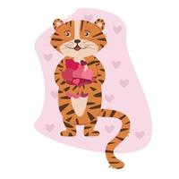 Tiger holding hearts in paws. Idea for illustration for Valentine's Day vector