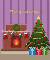 Room with a fireplace, christmas tree and gifts. vector