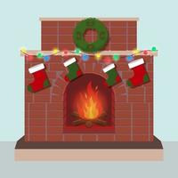 Fireplace with fire, decorated for the holidays with a Christmas wreath, lights and gift socks. Flat vector design for New Year.