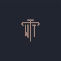 WT initial logo monogram with pillar icon design vector
