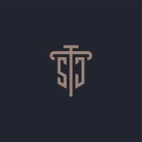 SJ initial logo monogram with pillar icon design vector