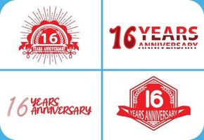 plantilla de diseño de logotipo, pegatina, icono y camiseta de aniversario de 16 años vector
