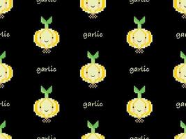 Garlic cartoon character seamless pattern on black background. Pixel style. vector