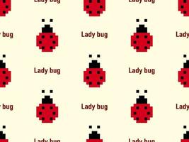 Lady bug cartoon character seamless pattern on yellow background. Pixel style vector