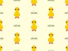 Chick cartoon character seamless pattern on yellow background. Pixel style vector