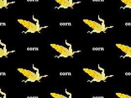 Corn cartoon character seamless pattern on black background. Pixel style vector