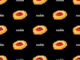 Cookie cartoon character seamless pattern on black background. Pixel style vector