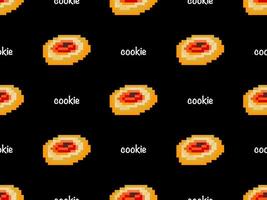 Cookie cartoon character seamless pattern on black background. Pixel style vector