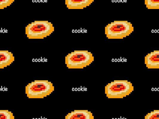Cookie cartoon character seamless pattern on black background. Pixel style