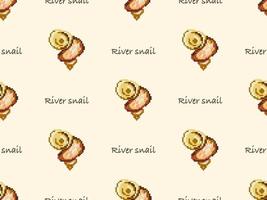 River snail cartoon character seamless pattern on yellow background. Pixel style vector