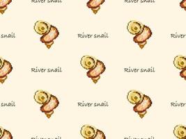 River snail cartoon character seamless pattern on yellow background. Pixel style vector