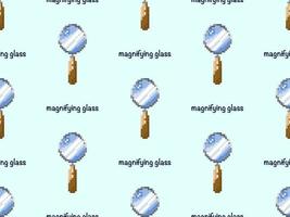 Magnifying glass cartoon character seamless pattern on blue background. Pixel style vector