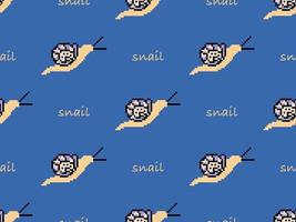Snail cartoon character seamless pattern on blue background. Pixel style vector