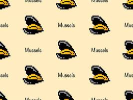 Mussels cartoon character seamless pattern on yellow background. Pixel style vector