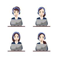 Hotline Call center. woman at support department. Office workers in headphones with microphone. Operator online help, advises customers, feedback concept. Vector illustration