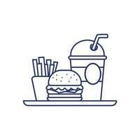 elementos de comida chatarra, hamburguesas, papas fritas y refrescos. Ilustración del concepto de icono de comida rápida. vector