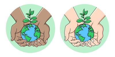World environment banner with hand hold seed plant on earth world. vector illustration