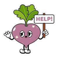 Sad suffering sick cute radish asks for help character. Vector flat cartoon illustration icon design. Isolated on white backgound. Suffering unhealthy radish character concept