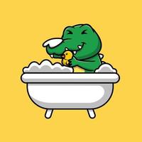 lindo cocodrilo bañándose en la ilustración de icono de vector de dibujos animados de baño. concepto de icono animal vector premium aislado.