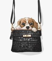 cute puppy in black leather purse illustration vector