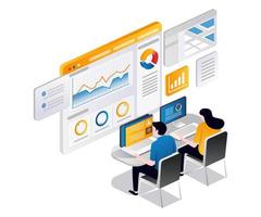 una pareja está analizando los datos de la empresa en el monitor central vector