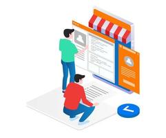 Concept illustration of isometric team designing a website application for e commerce vector