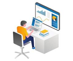 Man working with laptop at work desk vector