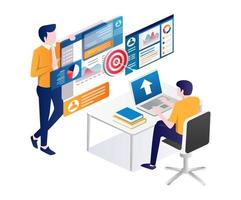 Two men doing online digital marketing sales analysis vector