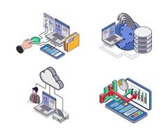 conjunto de iconos para el análisis de alta tecnología del servidor de red de la nube informática vector