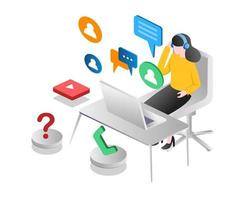 Concept illustration of isometric customer service online discussion on computer with a headset vector