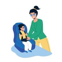 Baby Car Seat Mom Fasten Buckled Seat Belt Vector