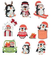 lindos pingüinos personajes de dibujos animados invierno navidad conjunto vector
