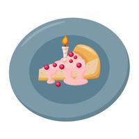 Piece cheesecake with candle on plate isolated vector