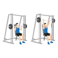 Man doing smith machine shoulder press exercise. Flat vector illustration isolated on white background