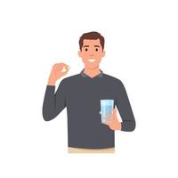 Young man cartoon standing and holding glass of water and pill capsule painkiller or vitamin medication in hands concept character . Flat vector illustration isolated on white background