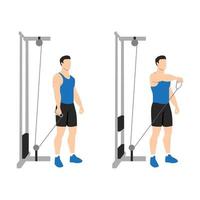Man doing Single arm cable front raise exercise. Flat vector illustration isolated on white background