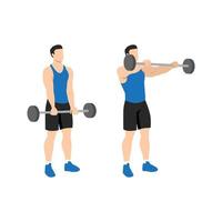 Man doing Barbell front raise exercise. Flat vector illustration isolated on white background