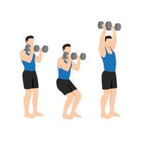 Man doing Dumbbell push and press exercise. Flat vector illustration isolated on white background